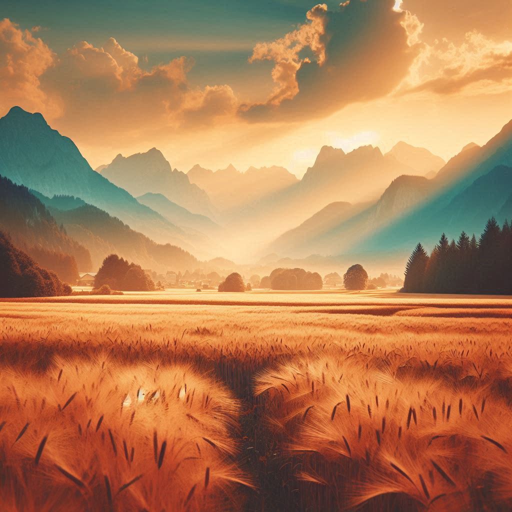 May Nights buckwheat tea banner with a field and mountains view on a sunset