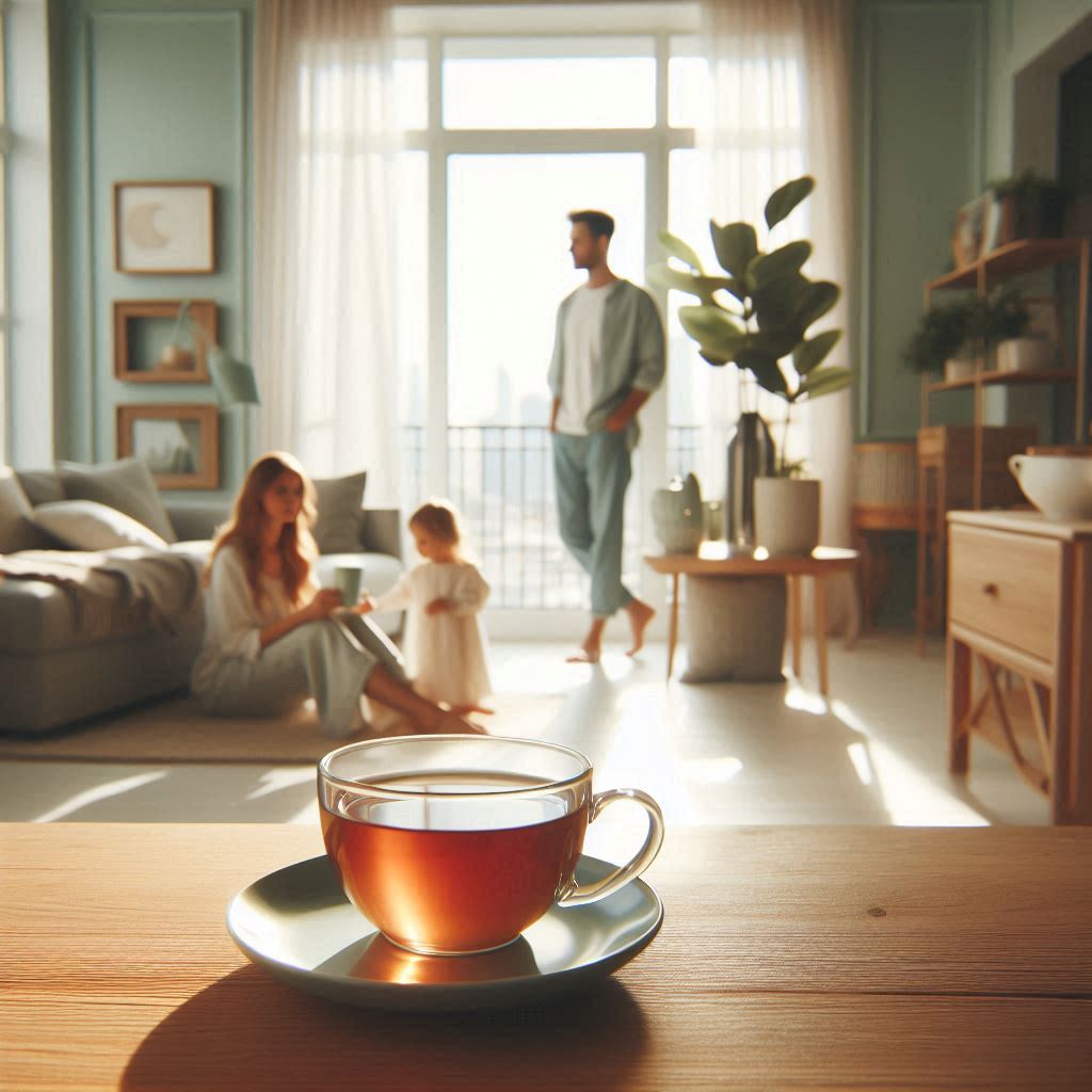 May Nights buckwheat tea banner with a cup of tea and a family on the background