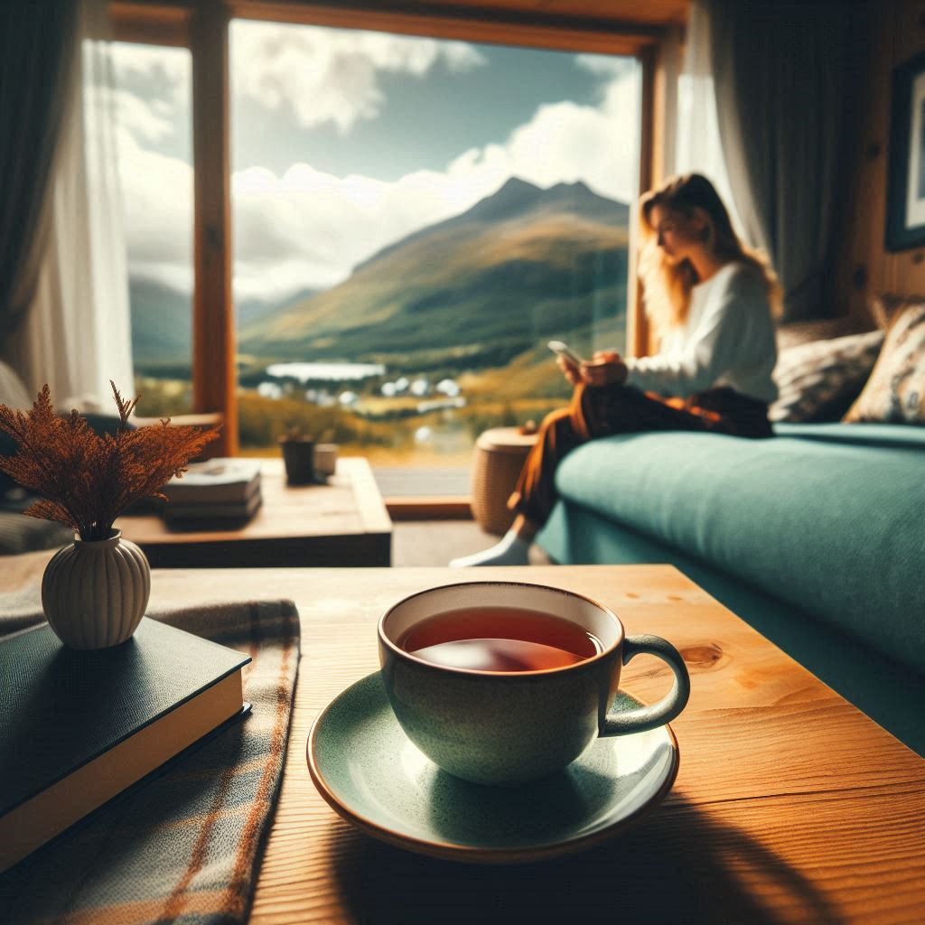 May Nights buckwheat tea banner with a cup of tea and woman reading on background