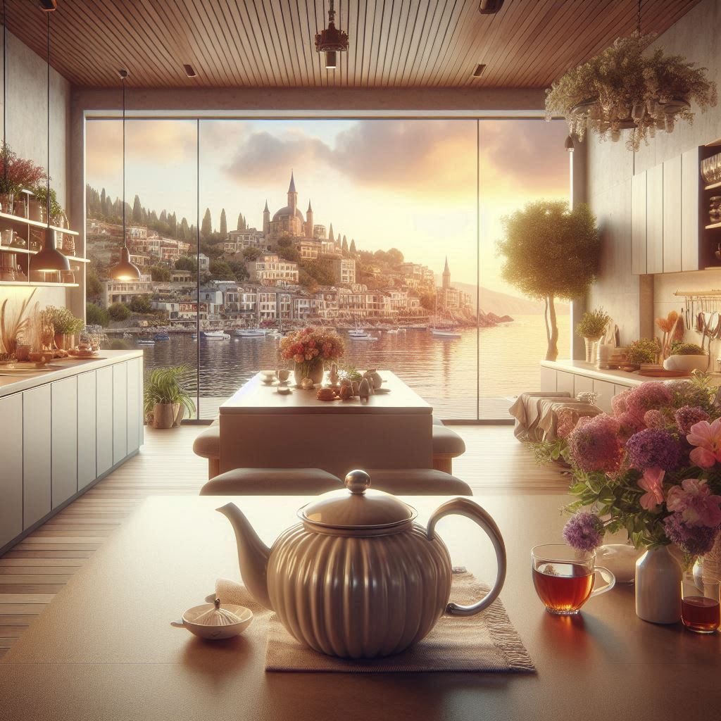 May Nights buckwheat tea banner with a teapot and beautiful mediterranean view on background