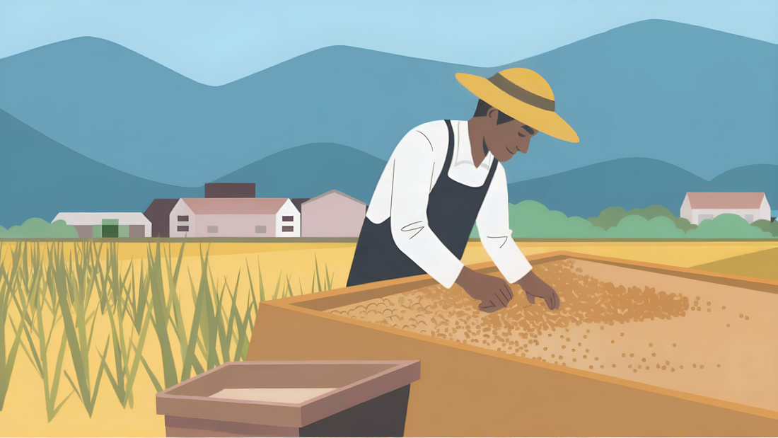 Illustration of a man gathering buckwheat for the process of making buckwheat tea