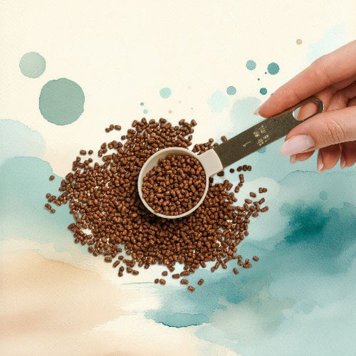 May Nights buckwheat tea granules scattered around a tea spoon held by a female hand